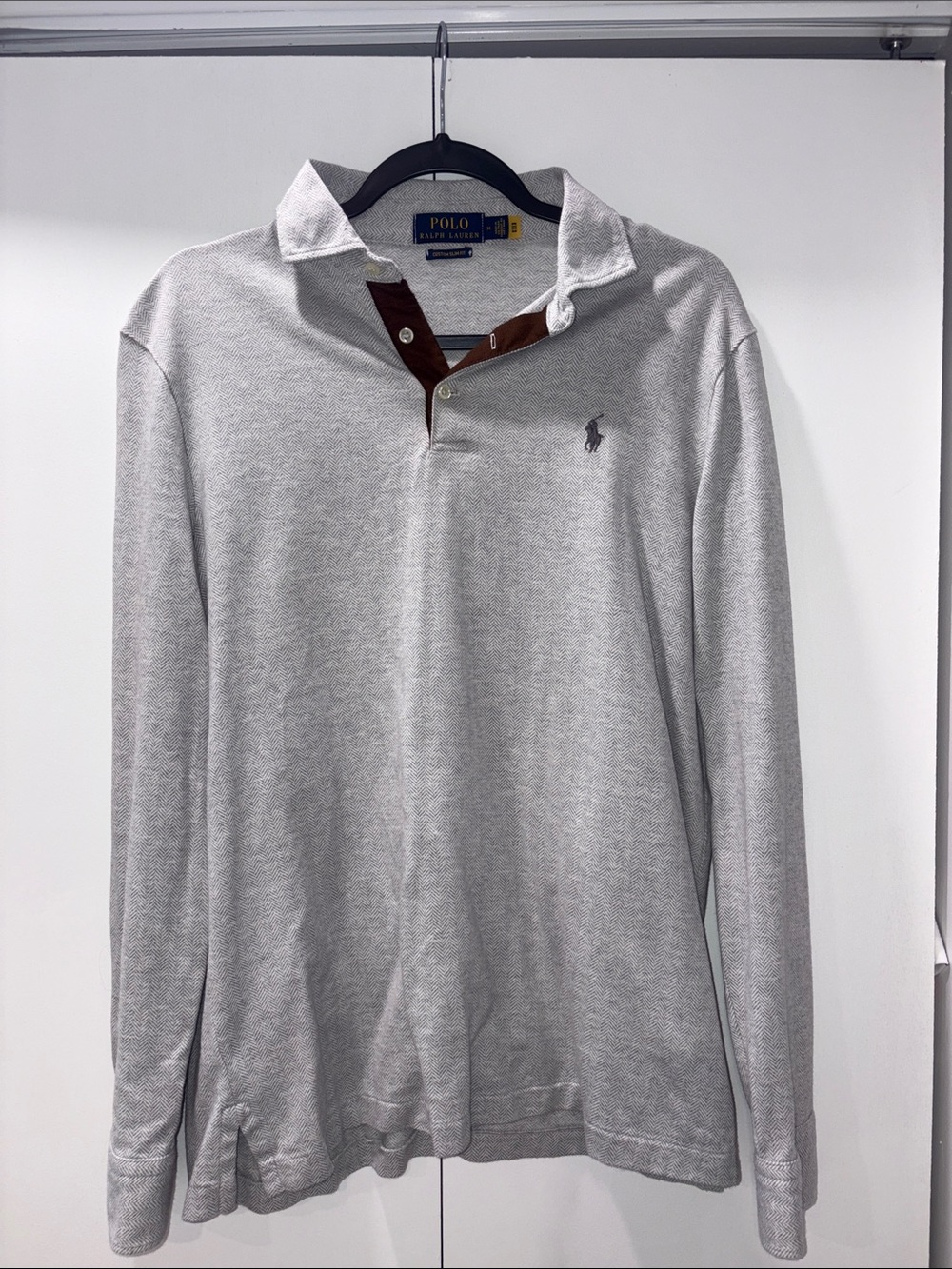 Polo by Ralph Lauren Light Gray Long-Sleeve Polo with Brown Placket